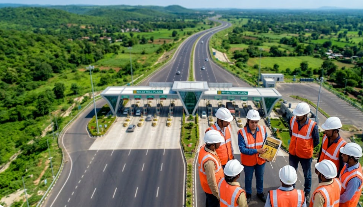 Workers attending a safety management briefing on a construction site.