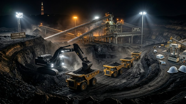 Mining operations continuing at night under high-mast floodlights.